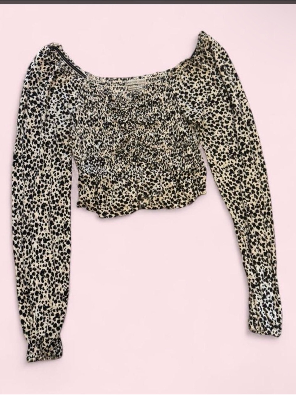 Urban Outfitters Leopard Smocked Long-Sleeve Crop Top - Black & Cream